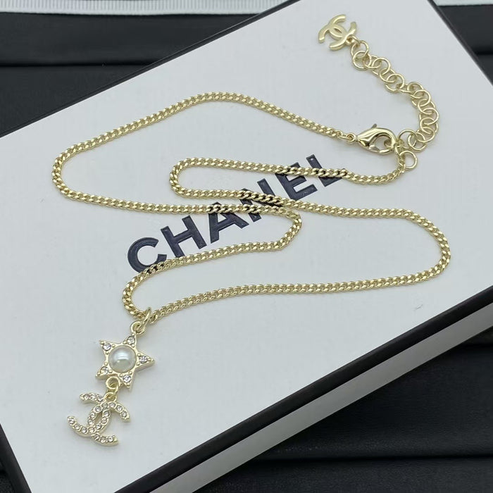 Wholesale Double C letter enamel camellia pearl long necklace
