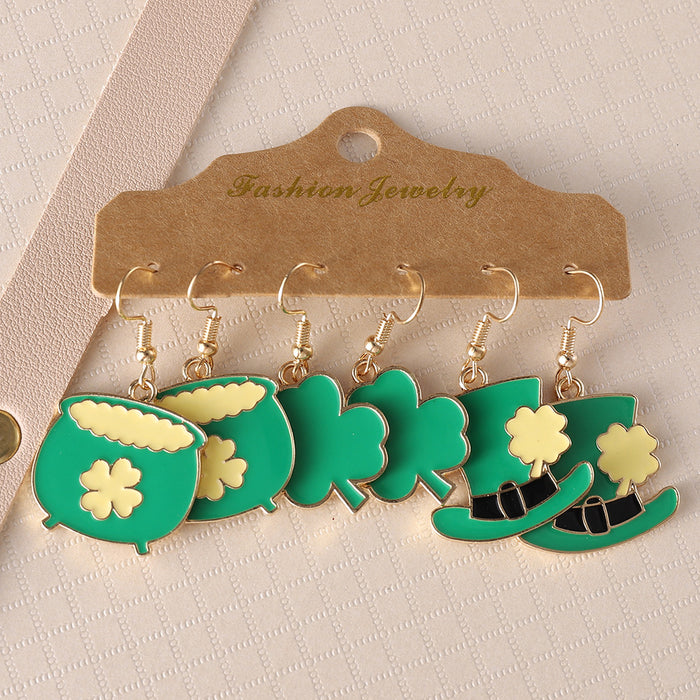 Wholesale Green Clover Leaf Drop Earrings Dripping Oil Alloy 3 Pairs Jewelry Accessory