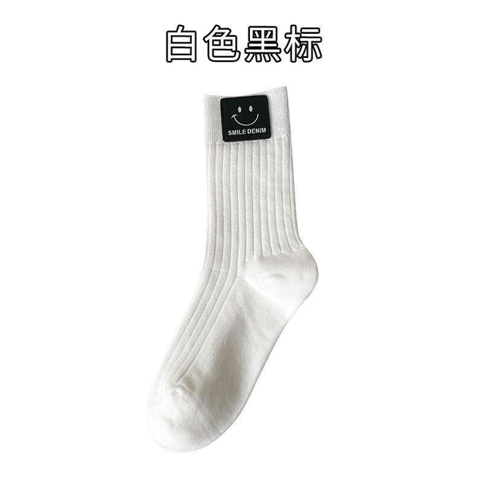 Wholesale Socks, mid tube socks, pure cotton black and white Zhuji socks, smiling face leather label, long tube socks