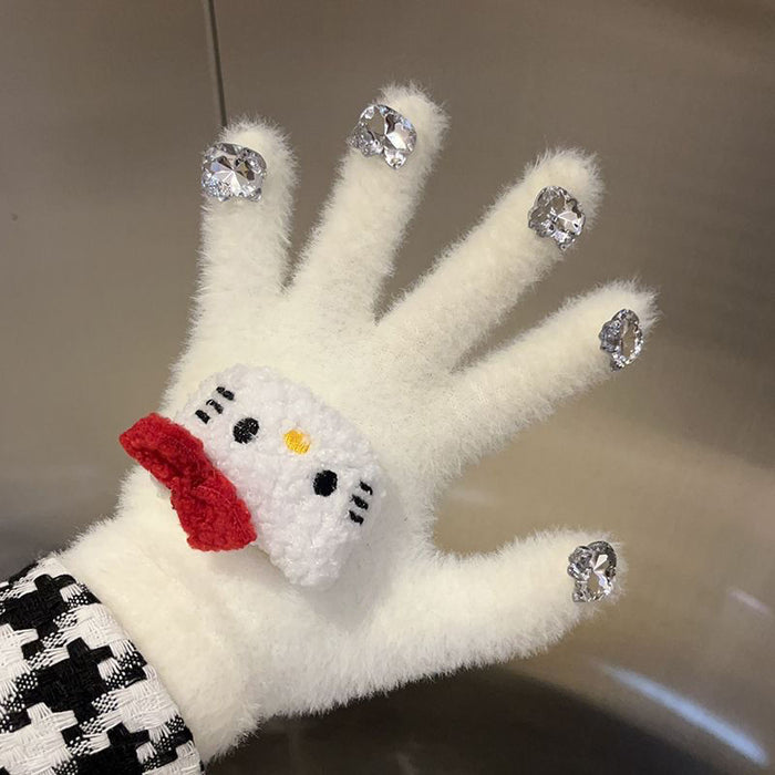 Wholesale Cute Diamond Gloves women' s winter warm glutinous  plush gloves thickened warm student Five Finger Set