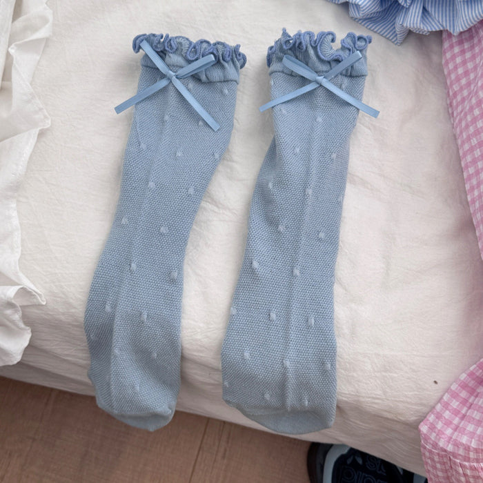 Wholesale Cute mid length socks with butterfly bow and polka dot cotton socks, sweat absorbing and breathable boneless socks