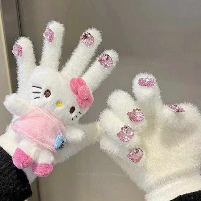 Wholesale Cute Cat Diamond Gloves Girls Winter Warm  Rhinestone Cycling Plush Wear Gloves