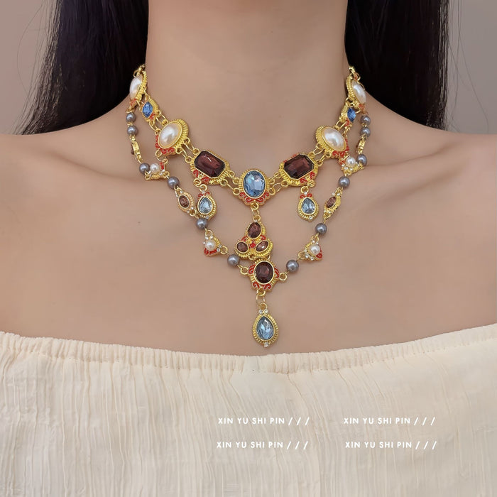 Wholesale Retro colored rhinestone pearl necklace with tassel, double layered collarbone chain, neck chain