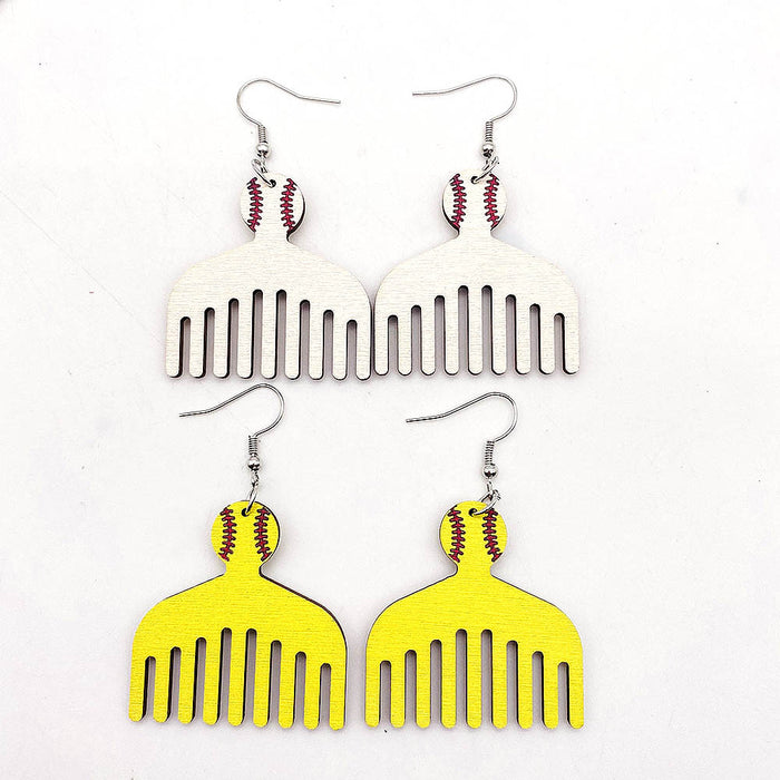 Wholesale Retro Wooden Earrings Personalized Design Baseball Comb Pendant Earrings