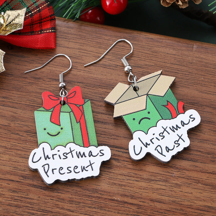 Wholesale Christmas gift box earrings,  vintage wooden double-sided asymmetrical earrings
