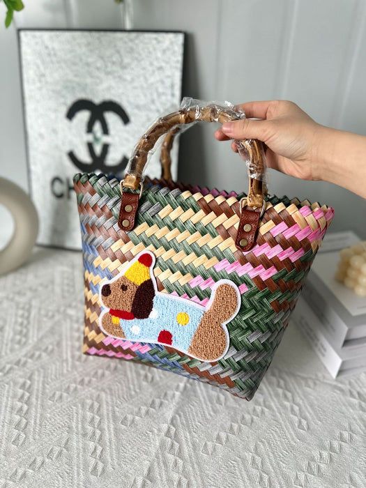 Wholesale Dachshund Striped Straw Bag Retro Woven Vegetable Basket Small Square Bag Commuter Tote Bag Shoulder Bag Cross-Border