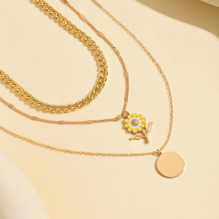 Wholesale Sunflower round pendant, three-layer necklace, women's niche, versatile, high-end, collarbone chain necklace