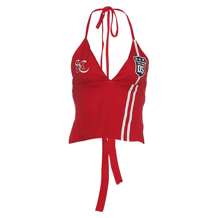 Wholesale World Cup Chic Halterneck Lace-Up V Neck Letter Print Top for Stylish Casual Wear