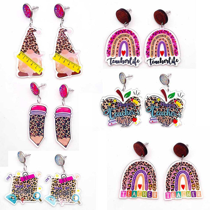 Wholesale Teacher's Day Leopard Print Pencil Acrylic Earrings JDC-ES-Chengy040