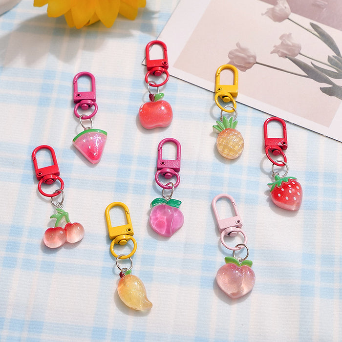 Wholesale Resin Fruit Keychain Trendy Pink Dragon Fruit Strawberry Key Ring Cute Backpack Pendant MOQ≥2