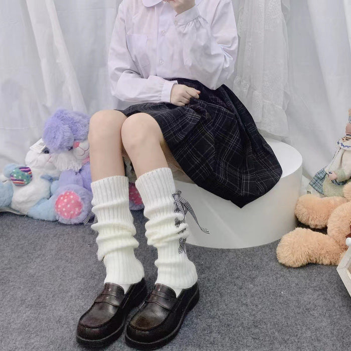 Wholesale Cross tie sock covers, mid tube knitted butterfly leg covers, white stacked socks