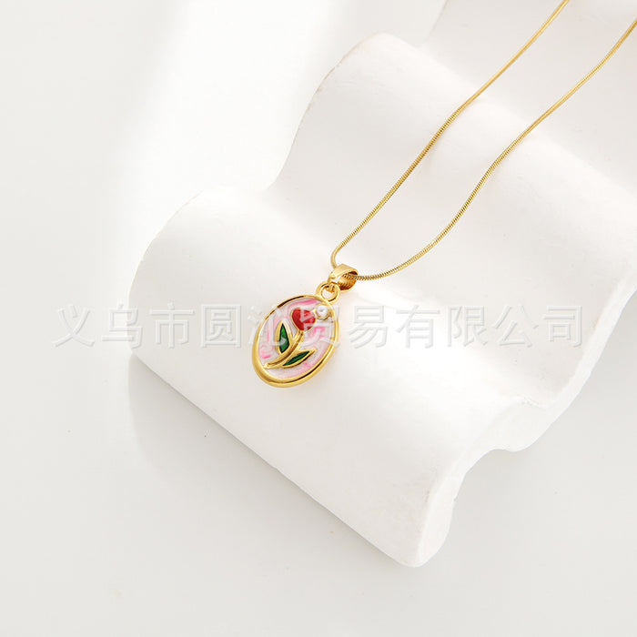 Wholesale Oil Painting Flower Pendant Earrings Necklace Set Versatile Stainless Steel Oil Dripping Double Layer Clavicle Chain