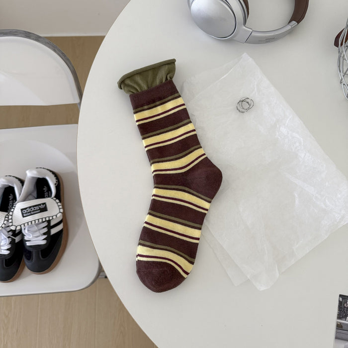 Wholesale Striped socks with patchwork, loose mouth, rolled edges, mid tube socks, stacked socks