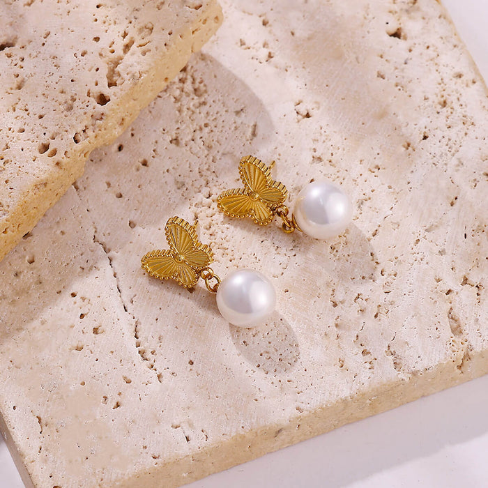 Wholesale Titanium Steel Butterfly Pearl Earrings 18K Gold Plated