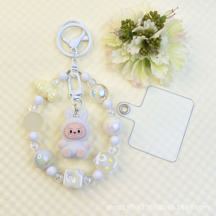 Wholesale Flocking sitting funny colorful beaded mobile phone chain keychain bag doll pendant accessories