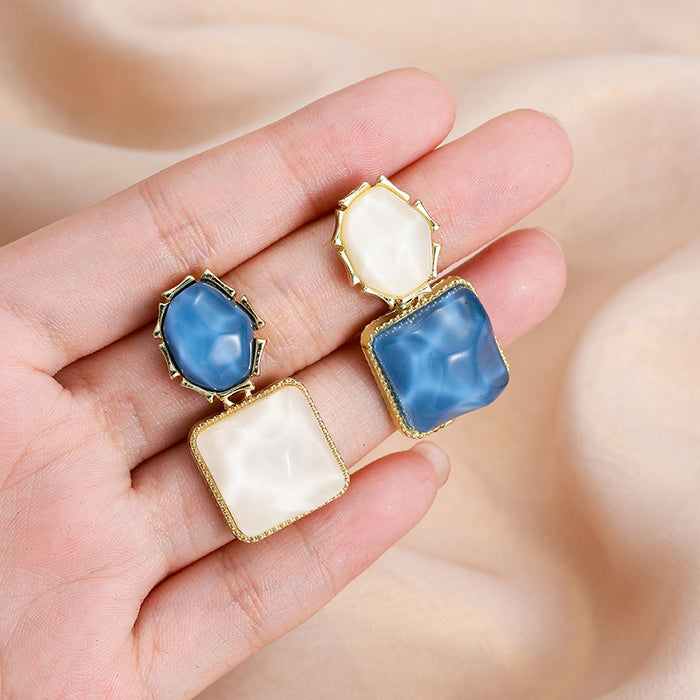 Wholesale Color blocking water ripple retro geometric square unique light luxury design earrings