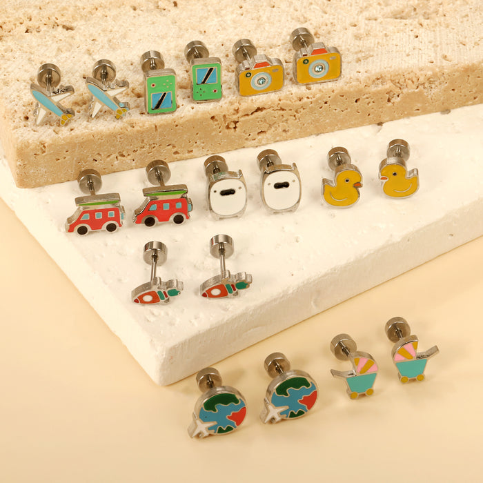 Wholesale Cute Animal Earrings Sweet Style Cartoon Colorful Yellow Duck Electroplated Stainless Steel Earrings