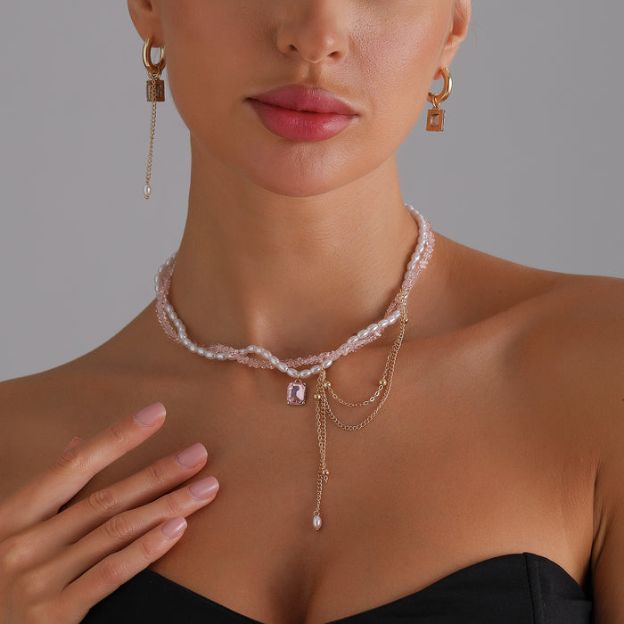 Wholesale Jewelry Crystal String Jewelry Stone Square Tassel Necklace Women's Elegant