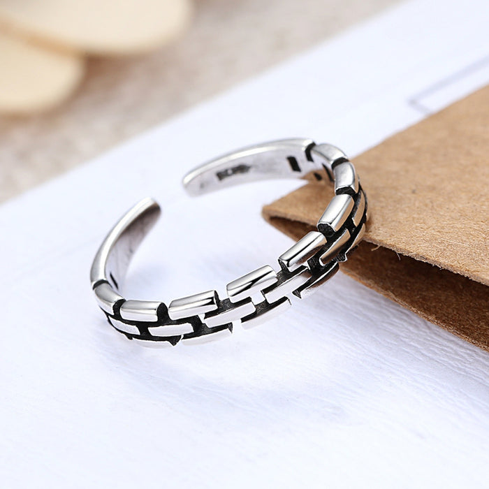 Wholesale Vintage rectangular block splicing hollow ring, fashionable vintage style, personalized silver plated open mouth dining ring