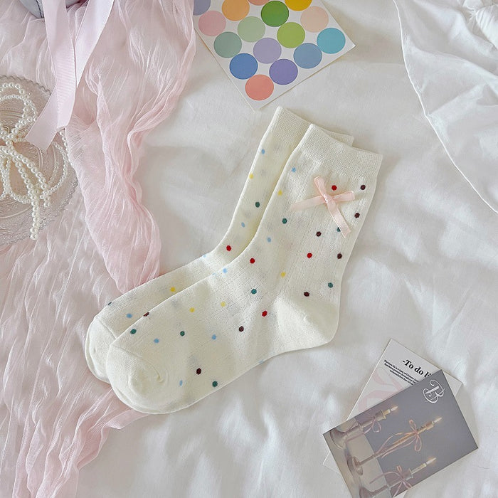 Wholesale Polka dot socks with bow tie, polka dot mid tube socks, thin and breathable, college style cotton socks