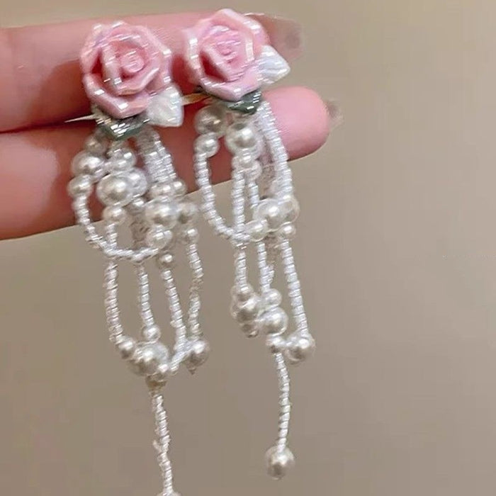 Wholesale Rose long pearl tassel earrings