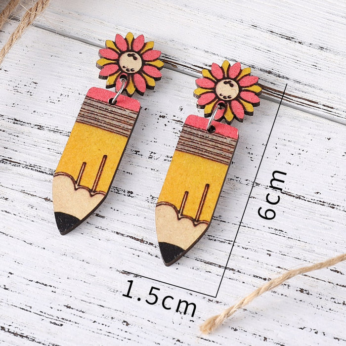 Wholesale Sunflower pencil earrings graduation season students teachers double-sided wooden earrings earrings gift