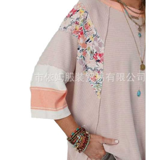 Wholesale Women's Color Matching Printed Tops Three Quarter Sleeve Sweatshirt JDC-CTS-YiMu012