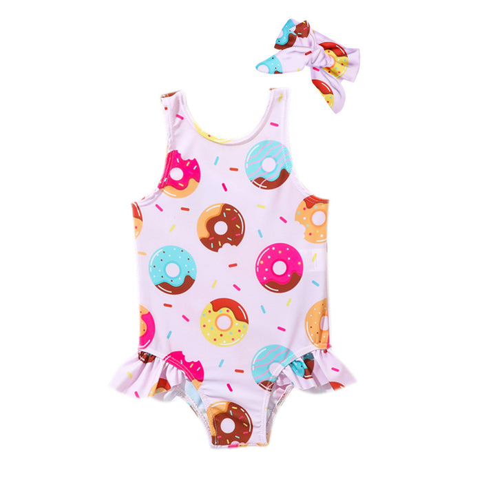 Wholesale Children's one-piece swimsuit cartoon printed girls' headband swimsuit