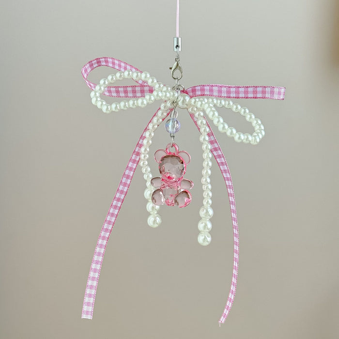 Wholesale Ribbon Bow Mobile Phone Chain Cute Bear Bag Hanging Jewelry Beaded Keychain