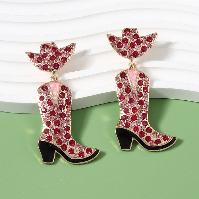 Wholesale Western denim style alloy with colored diamond earrings boots dripping oil