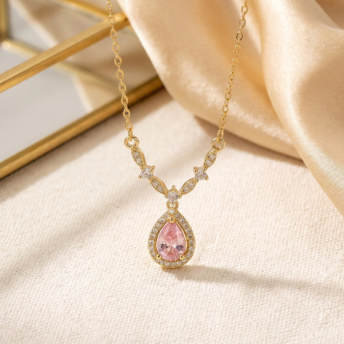 Wholesale Titanium Steel Gold Plated Teardrop Pendant Necklace with Red Cubic Zirconia MOQ≥2