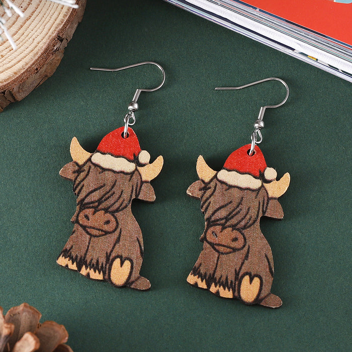 Wholesale Christmas Western Style Christmas Hat Alpine Cow Pendant Earrings Wooden Double-Sided Earrings Christmas Ornaments
