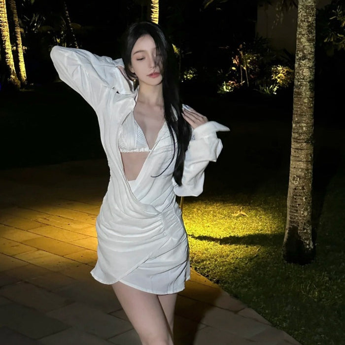 Wholesale Sexy neck hanging and backless split bikini long sleeved sunscreen shirt set