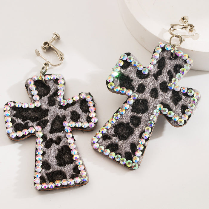 Wholesale Cross-print leather leopard print Statement Earrings