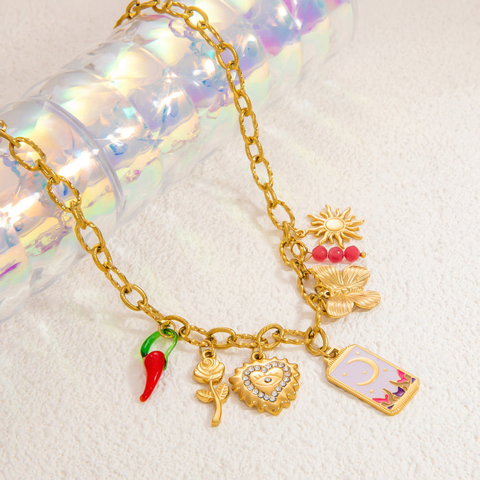 Wholesale Stainless steel necklace moon heart butterfly square brand personality red pepper rose mix clavicle chain