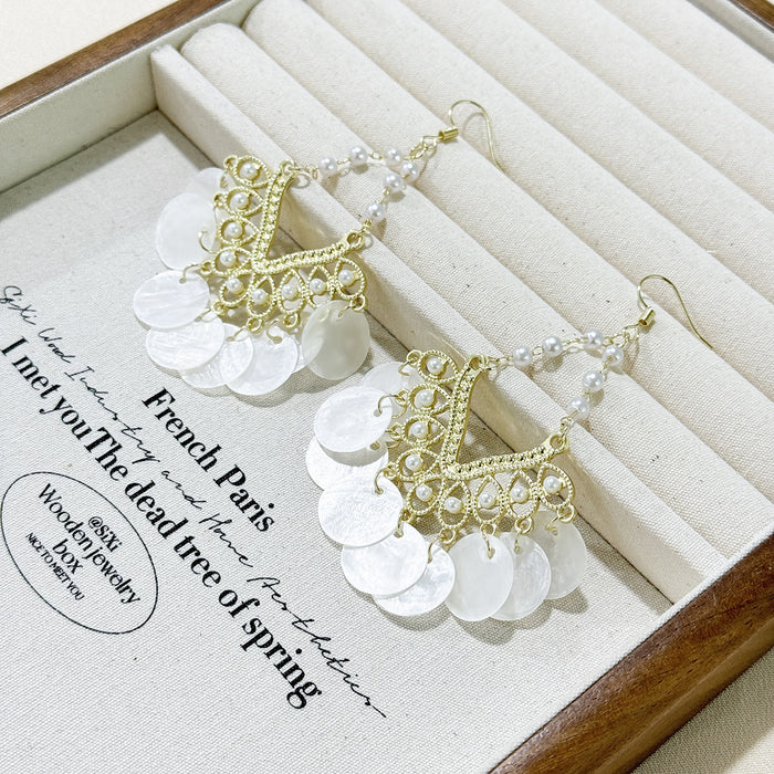 Wholesale Vintage shell pearl tassel earrings, exaggerated, luxurious, high-end, niche earrings