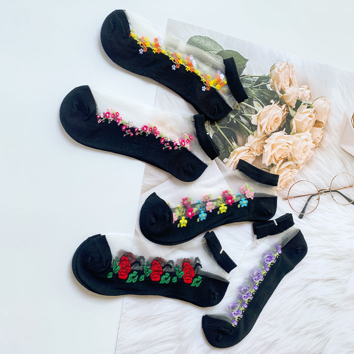 Wholesale mid-calf Crystal stockings spring and summer thin embroidered glass Silk women' s socks middle-aged and elderly non-slip socks