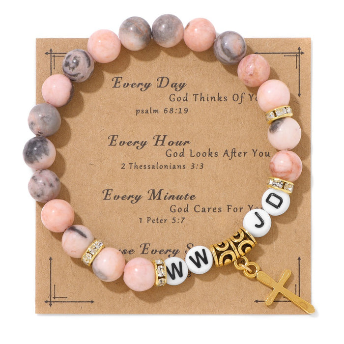 Wholesale Cross pendant bracelet with stone beads pink zebra jasper and agate