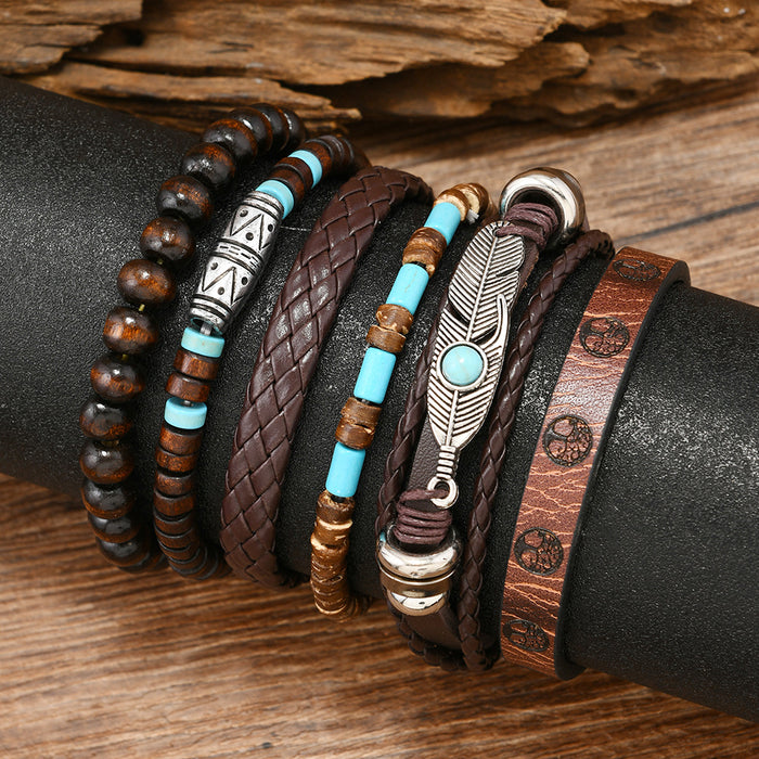 Wholesale New Retro Style Wooden Bead Bead Bead Retro Flower Bull Head Eye Feather Multi Layer DIY 6-piece Set Men's Bracelet