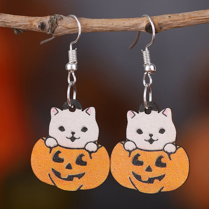Wholesale  Cute Cat  Pumpkin Funny Pendant Earrings Wooden Gothic Style Double-sided Earrings