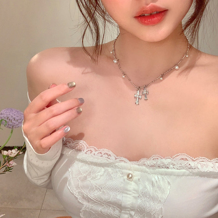 Wholesale Double layered diamond studded cross pearl necklace, niche personality, temperament, high-end feeling, collarbone chain