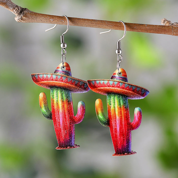 Wholesale Mexico Fifth Festival of the Dead Straw Hat Funny Cactus Pendant Earrings Wooden Double-sided Earrings