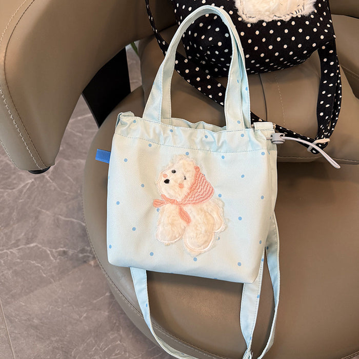Wholesale New single shoulder canvas bag, cute cartoon embroidered crossbody bag, casual large capacity drawstring tote bag