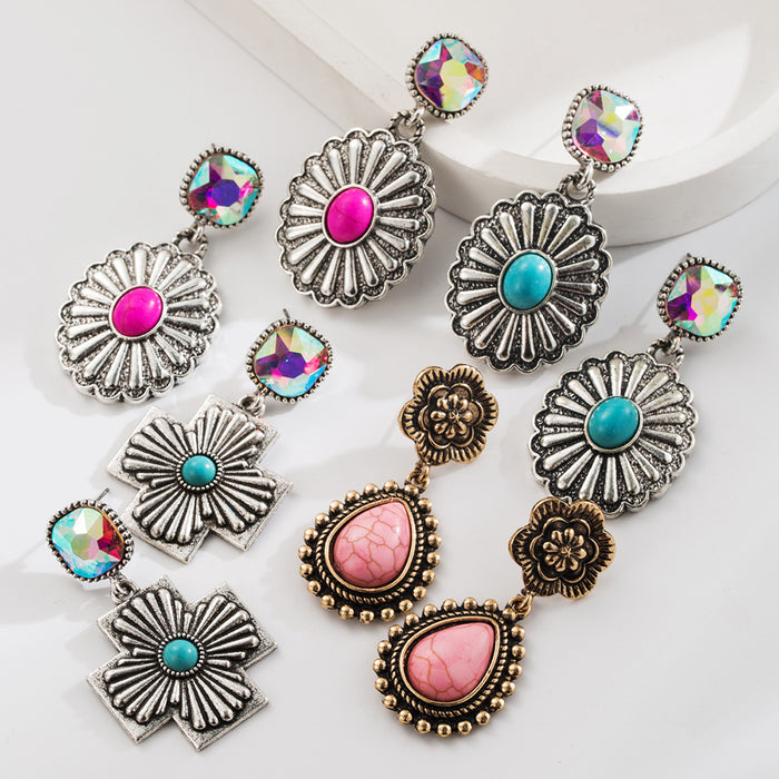 Wholesale Diamond-encrusted Turquoise Water Drop Cross Earrings Retro Creative Distinctive Exaggerated Earrings for Women