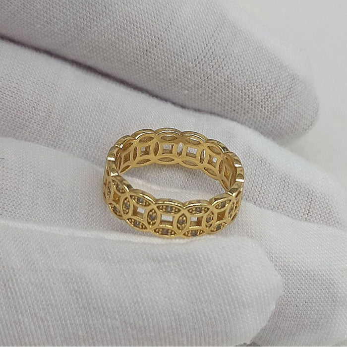 Wholesale Micro inlaid copper coin ring, fashionable and versatile with hollowed out design