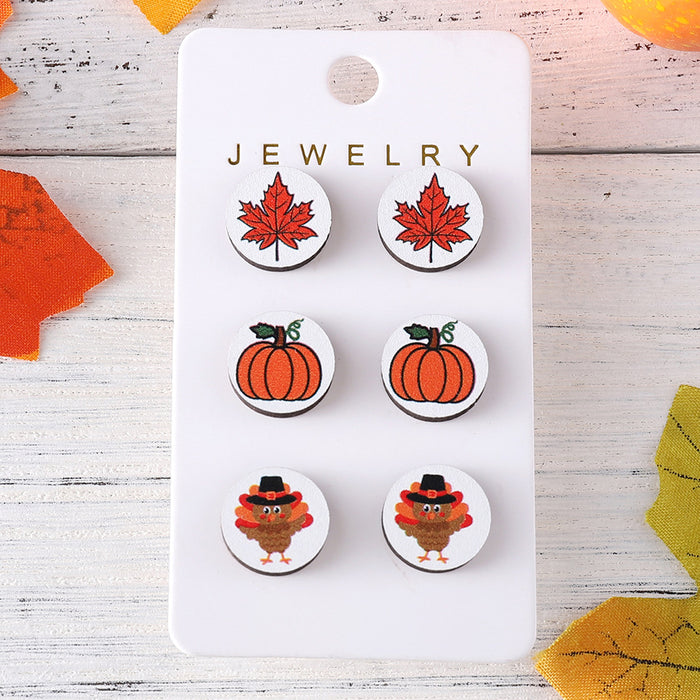 Wholesale Autumn Thanksgiving Pumpkin Maple Leaf Round Earrings suit Wooden Autumn Harvest Earrings Earrings