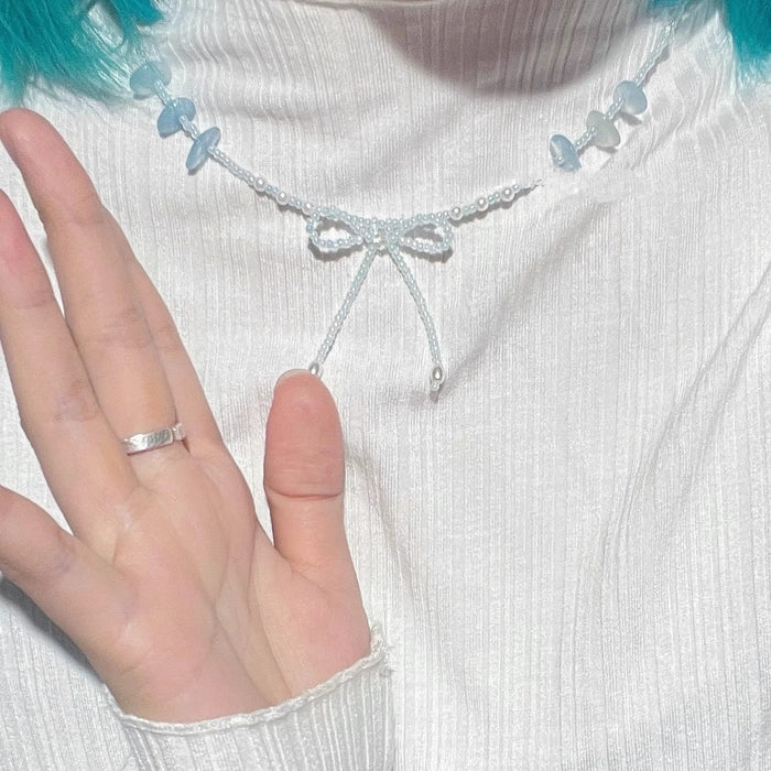 Wholesale Blue Beads Beaded Bow Necklace Fashionable Sweet Clavicle Chain