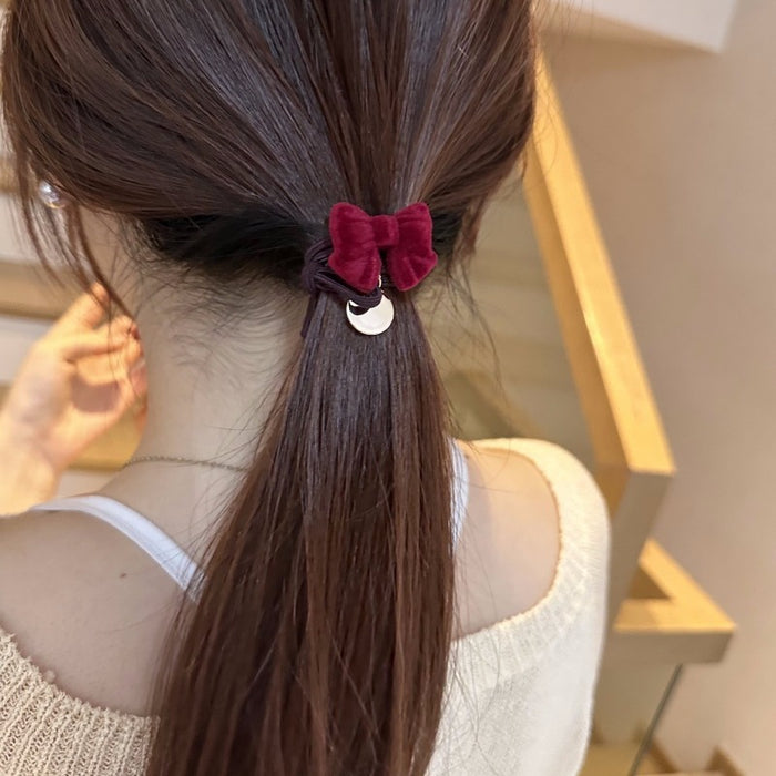 Wholesale elegant atmosphere wine red flocking bow hair rope hair accessories hair rope high elastic rubber band