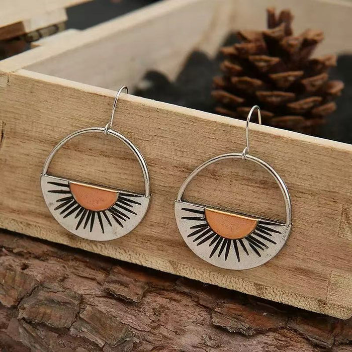 Wholesale Retro geometric semicircle sun pendant earrings women' s fashion personality western style two-color earrings