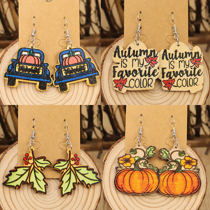 Wholesale Autumn Thanksgiving Christmas Holly Harvest Pumpkin Car Maple Leaf Women' s Wooden Earrings